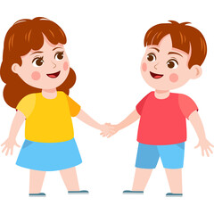 Joyful Young Boy and Girl Holding Hands Smiling Together with Bright Colorful Outfits on Transparent Background