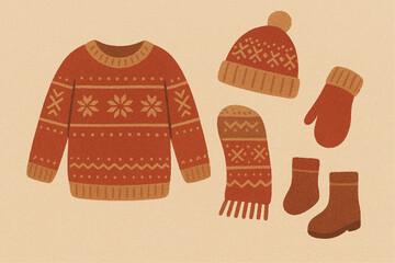 冬のあったかアイテム　ノルディック柄のセーターと冬小物のイラスト