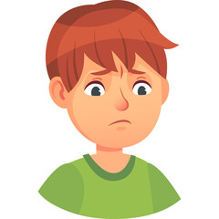 Illustration Of A Young Boy With Red Hair Expressing Sadness And Concern With Furrowed Brow And Downcast Eyes Wearing A Green T Shirt On A Transparent Background