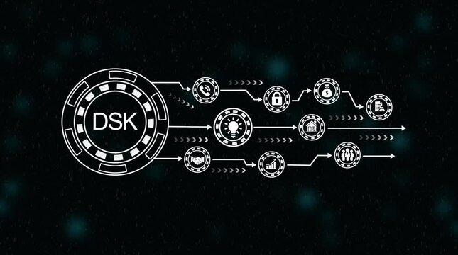 D S K logo circular graphic with arrows and abstract background motion graphics technology data flow