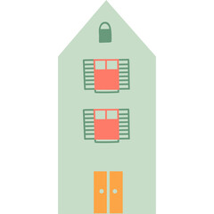 Minimalist Cartoon Style Light Green Building Facade With Two Red Windows and Orange Doors Isolated On White Background