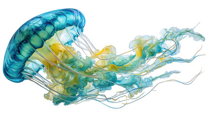 A beautiful blue 3D rendered illustration of an abstract jellyfish isolated on white with a glass texture