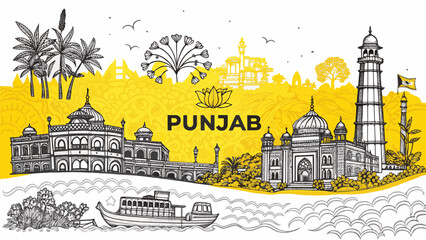 Punjab Skyline Sketch with Heritage Landmarks like Golden Temple, Qila Mubarak, and Patiala Fort &ndash; Tourism Art for Print, Wall Decor, and Souvenirs