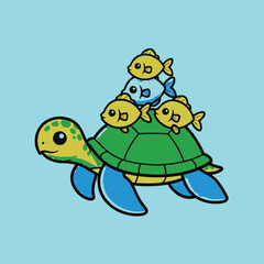 Obraz premium Cute cartoon turtle with three yellow fish and one blue fish on its back Keywords: turtle, fish, cartoon, cute, animal, sea, ocean