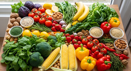 Healthy lifestyle food is neatly arranged on the table, including fresh vegetables, fruits, and herbs.