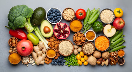 Healthy food is neatly arranged on the table, including fresh vegetables, fruits, and herbs. top view background
