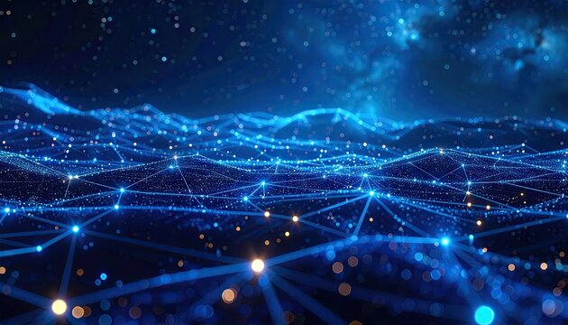 Abstract Blue Network Background with Connected Dots and Lines on Dark Blue Textured Backdrop with Stars Effect and Soft Blurry Aesthetic
