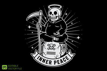 Obraz premium Meditating Grim Reaper Skeleton with Inner Peace Banner.