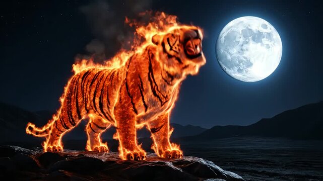 Fiery tiger silhouette under a glowing full moon in a dark night sky