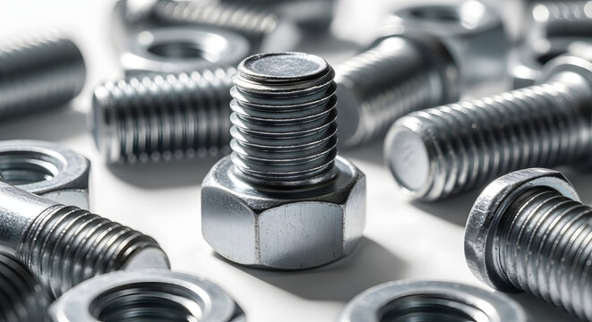 Close-up of shiny metal bolts and nuts on a white surface, industrial hardware