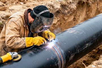 Close-up of a pipeline welder in a protective helmet, leather jacket, and yellow gloves, working outdoors to weld a large black metal pipe in an excavated trench