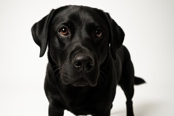 Black Labrador Retriever low angle close view nose forward eyes sharp portrait on white