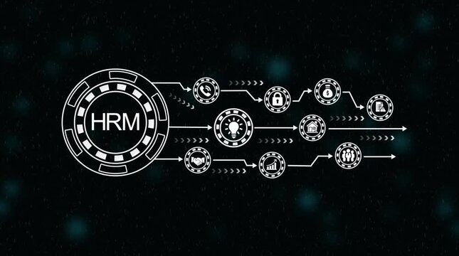 H R M human resources management concept flowchart process arrows data flow digital network technology abstract background