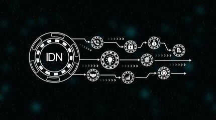 Futuristic I D N network data flow abstract animation digital stream arrows branching out dark background with bokeh lights - Powered by Adobe