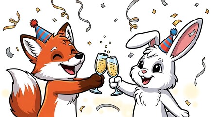 A cartoon fox and rabbit celebrate with champagne and confetti wearing party hats and smiling widely