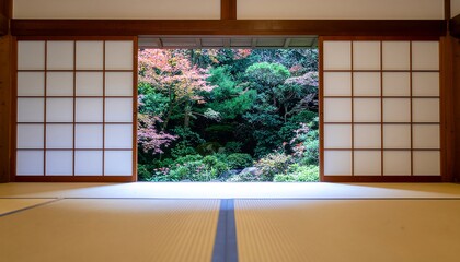 Japanese tatami room with garden view, shoji doors, serene interior