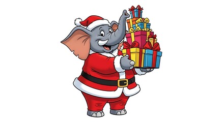 Obraz premium Cartoon elephant wearing santa costume holding a stack of christmas gifts on a white background