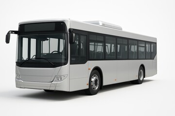 Modern city bus three quarter front view with closed doors and blank destination board on white