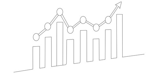 Continuous line drawing of a bar and line graph with an upward arrow, symbolizing business growth, financial progress, and positive market trends. The minimalist design represents data analytics