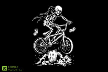 Skeleton Riding BMX Bicycle Over Fallen Books and Papers.
