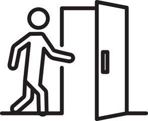 An icon of a person walking through an open door, symbolizing the concept of entering or leaving a room, opportunity, freedom, and access, symbol of an exit or path, black and white line vector.