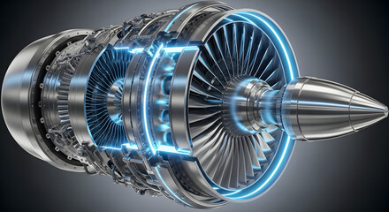 Detailed Cross-Section of a Modern Jet Engine with Blue Illumination