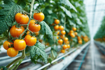 Modern high tech greenhouse showcasing vibrant tomatoes and vegetables in a sustainable farm setting