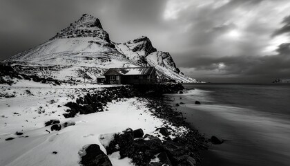 Snowy Mountain Landscape by Ocean, Black and White Photography