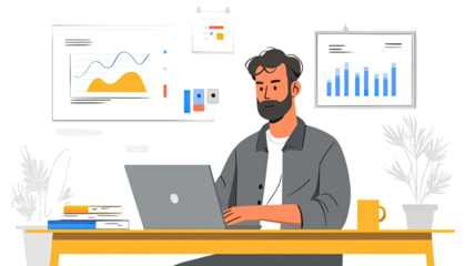 Cartoon businessman working on a laptop at his office desk