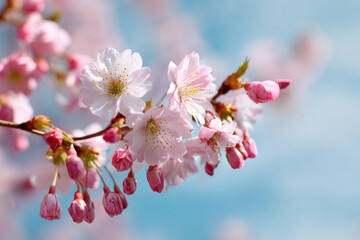 Obraz premium Spring blossom wallpaper with cherry flowers on pastel sky