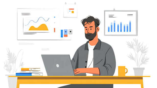 Cartoon businessman working on a laptop at his office desk - Powered by Adobe