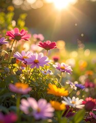 Sunlight streams through a field of colorful blooming flowers