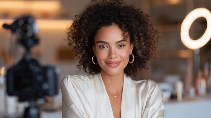 Young female beauty influencer creating video blog content, recording with professional camera and ring light in home studio, radiating confidence while showcasing makeup products