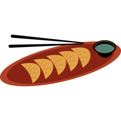 Dumplings With Dipping Sauce And Chopsticks On A Plate Isolated On White Background Studio Shot