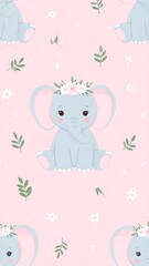 Fototapeta premium Cartoon elephant with floral crown on pink backdrop, floral motif
