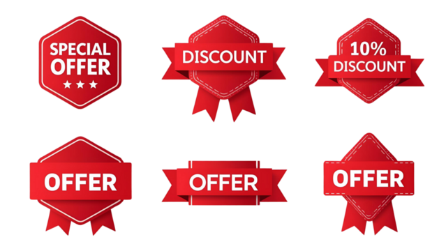 Collection of red glossy ribbons and badges announcing special offers discounts and sale events for promotions