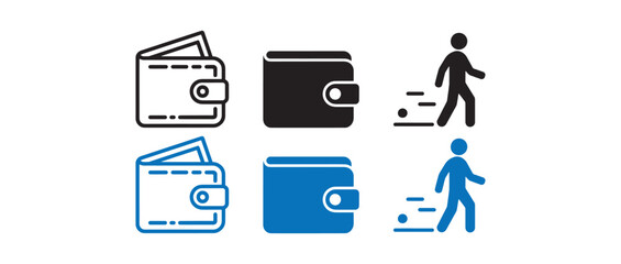 Collection of wallet icons in outline solid and blue styles with a silhouette of a person walking