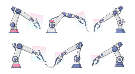 Fototapeta premium Industrial robotic arms performing various precise tasks on white background, automation concept, perfect for manufacturing and technology projects