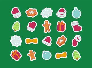 Christmas sticker set with festive elements. Cute cartoon gifts, cookies, ornaments, bows, mittens, hats and snowflakes. Vector illustration for winter holiday design, decoration and celebration