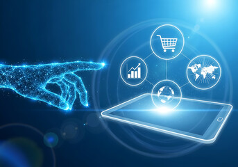 A stylized digital illustration of a human hand interacting with a glowing tablet. The tablet displays an online store icon surrounded by glowing symbols — shopping cart, financial charts, and globe i