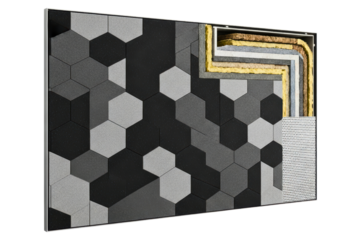 Sound absorbing acoustic panel with a geometric hexagon pattern on a transparent background