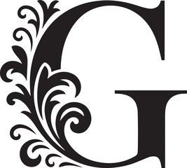 Elegant ornate capital letter g monogram with flourish accents in black and white perfect for branding and design projects isolated on transparent background