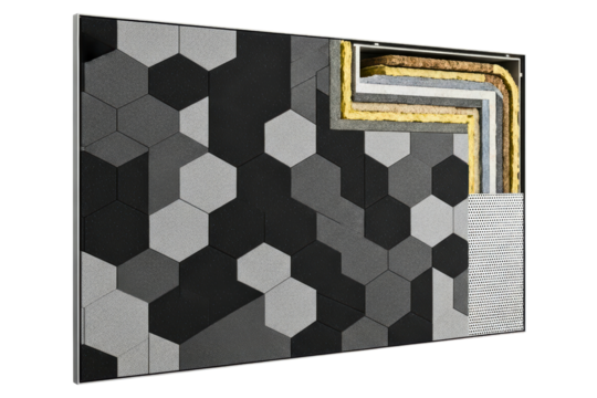 Sound absorbing acoustic panel with a geometric hexagon pattern on a transparent background