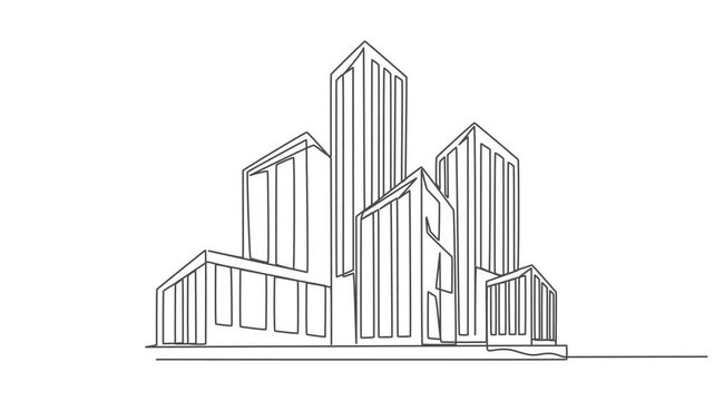 Self drawing line animation Hand draws Modern cityscape architecture skyscrapers continuous one single line drawn concept video, Coliseum in Rome. One line drawing animation. Video clip with alpha pro