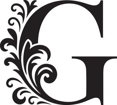 Elegant ornate capital letter g monogram with flourish accents in black and white perfect for branding and design projects isolated on transparent background