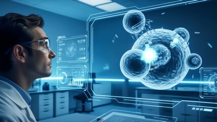 A scientist in a futuristic lab analyzes cellular structures and data on an advanced holographic interface - Powered by Adobe
