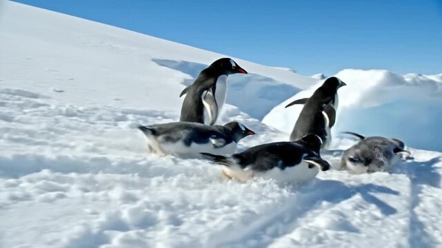 A colony of playful Adelie penguins tobogganing on their bellies across a sunny, snowy landscape in Antarctica