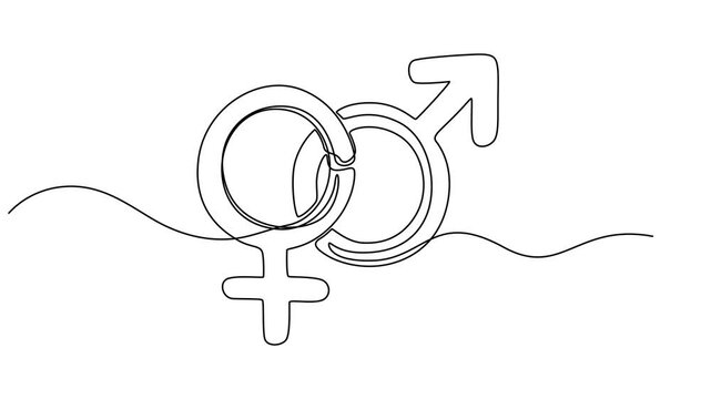 Self drawing line animation gender symbols man and woman signs continuous line drawn concept, Male and female signs. Mirror of Venus, shield and spear of Mars, man, woman. Full length line animation. 