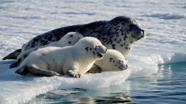 Family of Harp Seals on Ice Floe Mother and Pups in Arctic Habitat