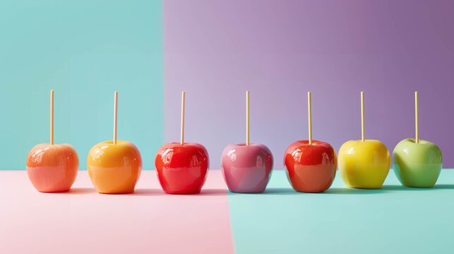 Colorful candy apples placed on a pastel background, merging simplicity and sweetness in modern candy art.
- Powered by Adobe